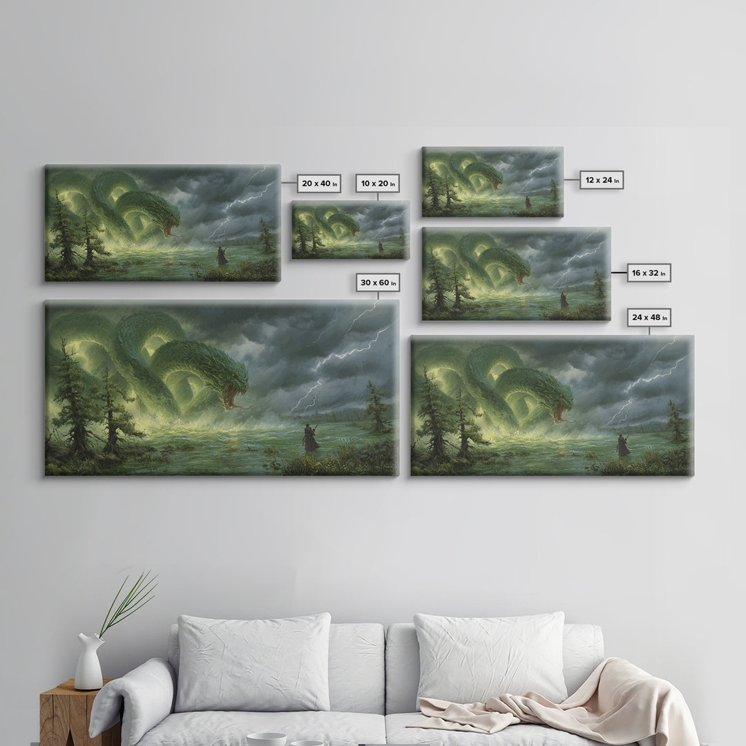 Giant Emerald Serpent In Stormy Marsh Canvas Print, Fantasy Wall Art, Dragon Artwork, Dark Academia Home Decor, Mystical Wall Decor