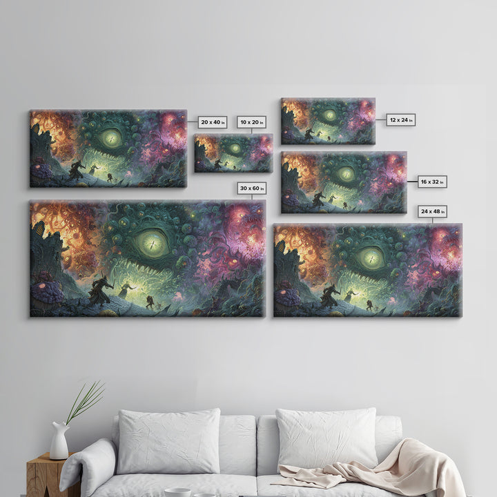 Adventurers Facing Cosmic Portal Monster Canvas Print, Surreal Fantasy Wall Art, Lovecraftian Game Room Decor Gift For Him