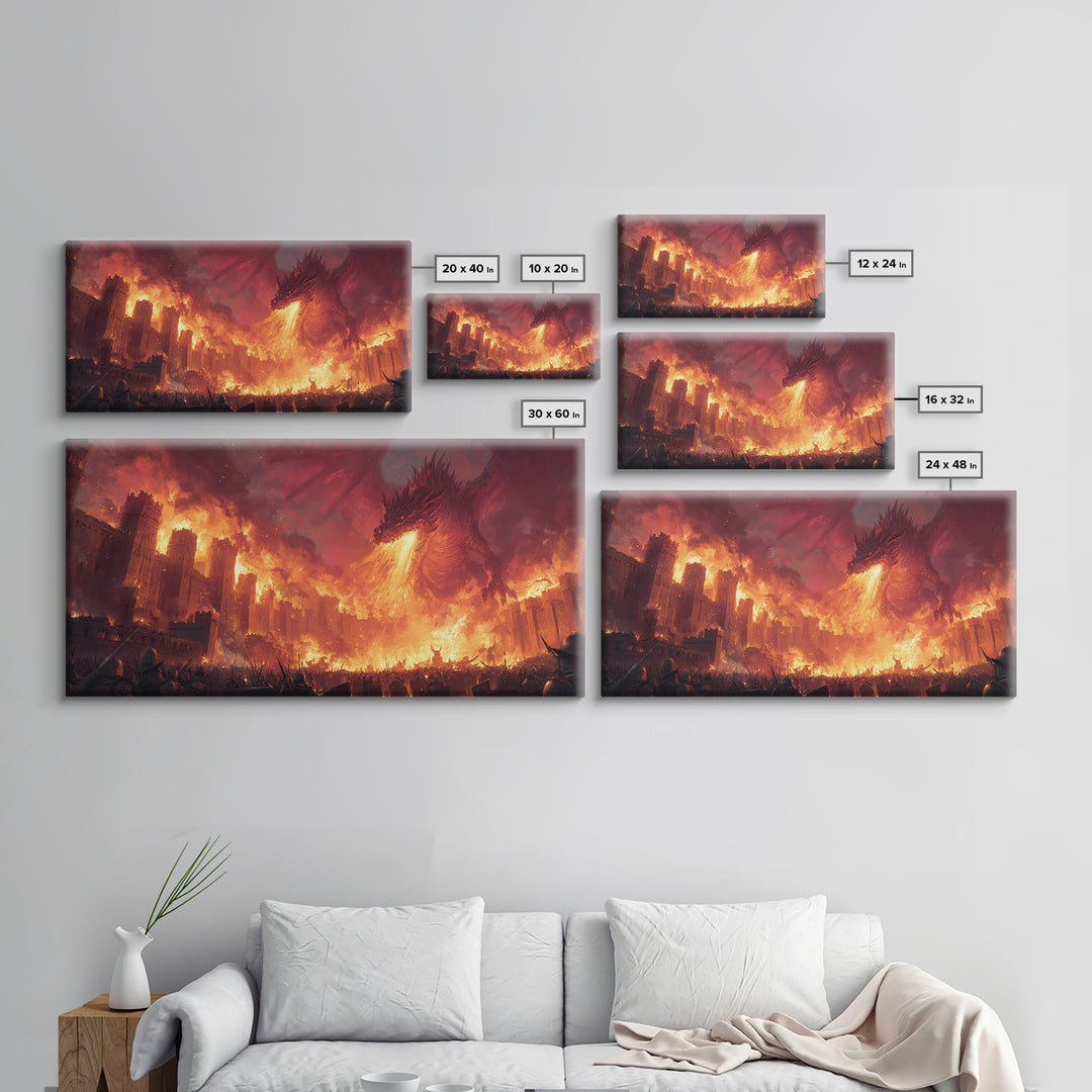 Fire Dragon Attacking Burning Castle City Framed Canvas Print, Dark Fantasy Wall Art, Medieval Battle Home Decor Gift For Him