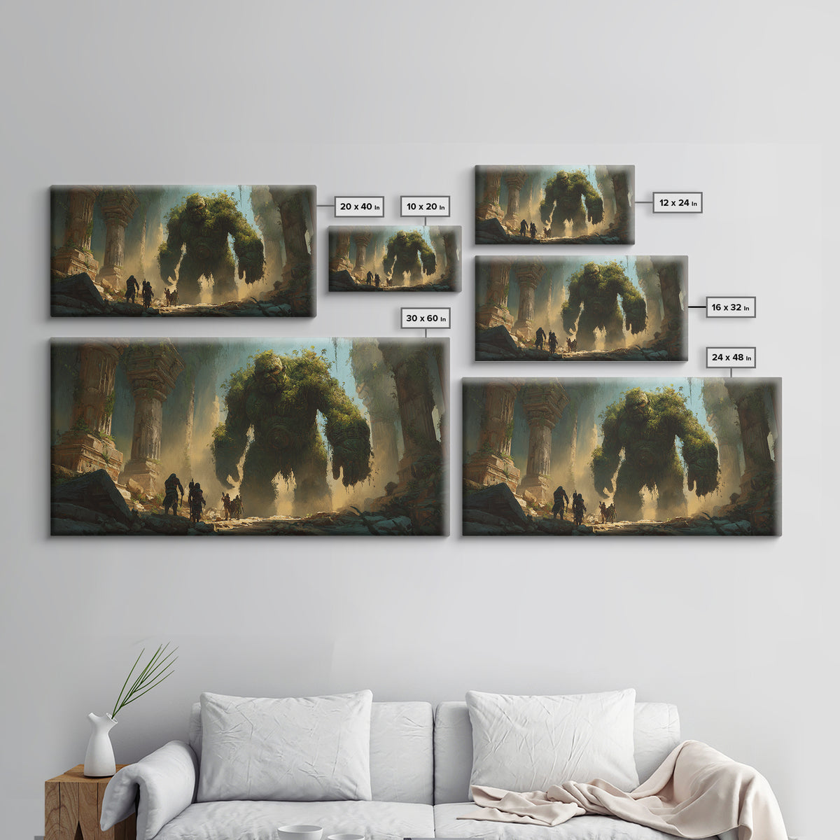 Ancient Moss Giant In Overgrown Temple Ruins Canvas Print, Fantasy Wall Art, Mythical Adventure Home Decor Gift For Gamer