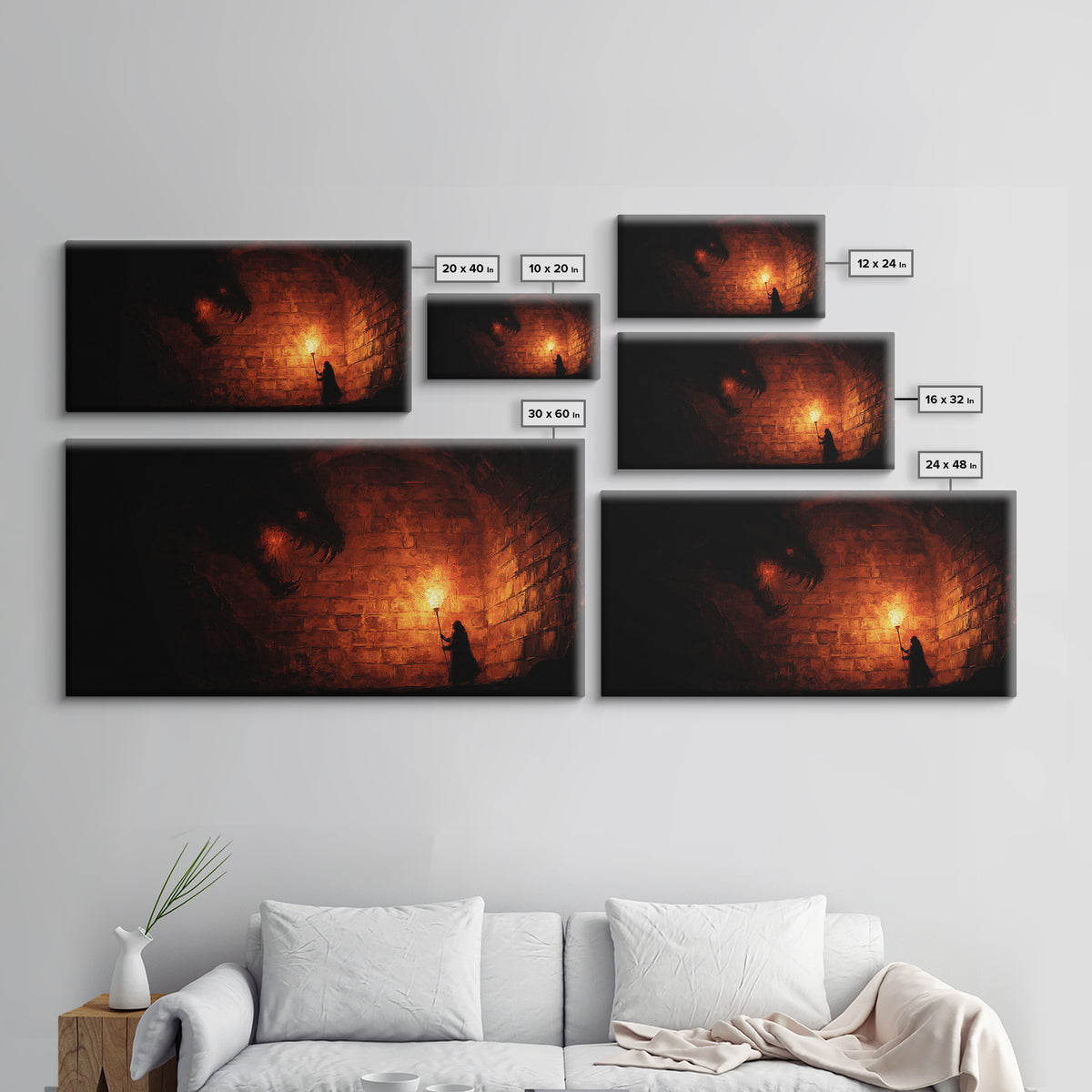 Cloaked Figure With Torch Facing Dungeon Beast Canvas Print, Gothic Wall Art, Dark Fantasy Creepy Horror Decor Gift For Him