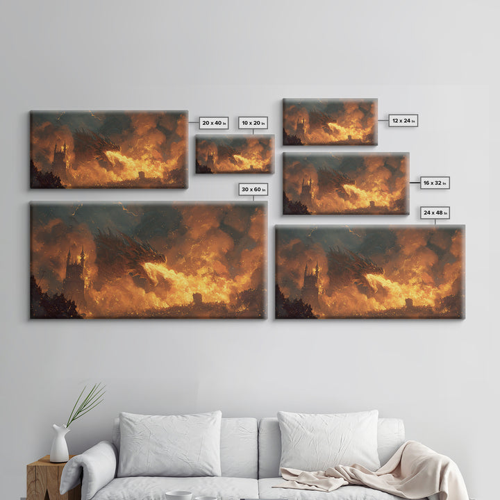 Red Dragon Breathing Fire Over War Torn Kingdom Framed Canvas Print, Epic Fantasy Wall Art, Medieval Castle Decor Gift For Him