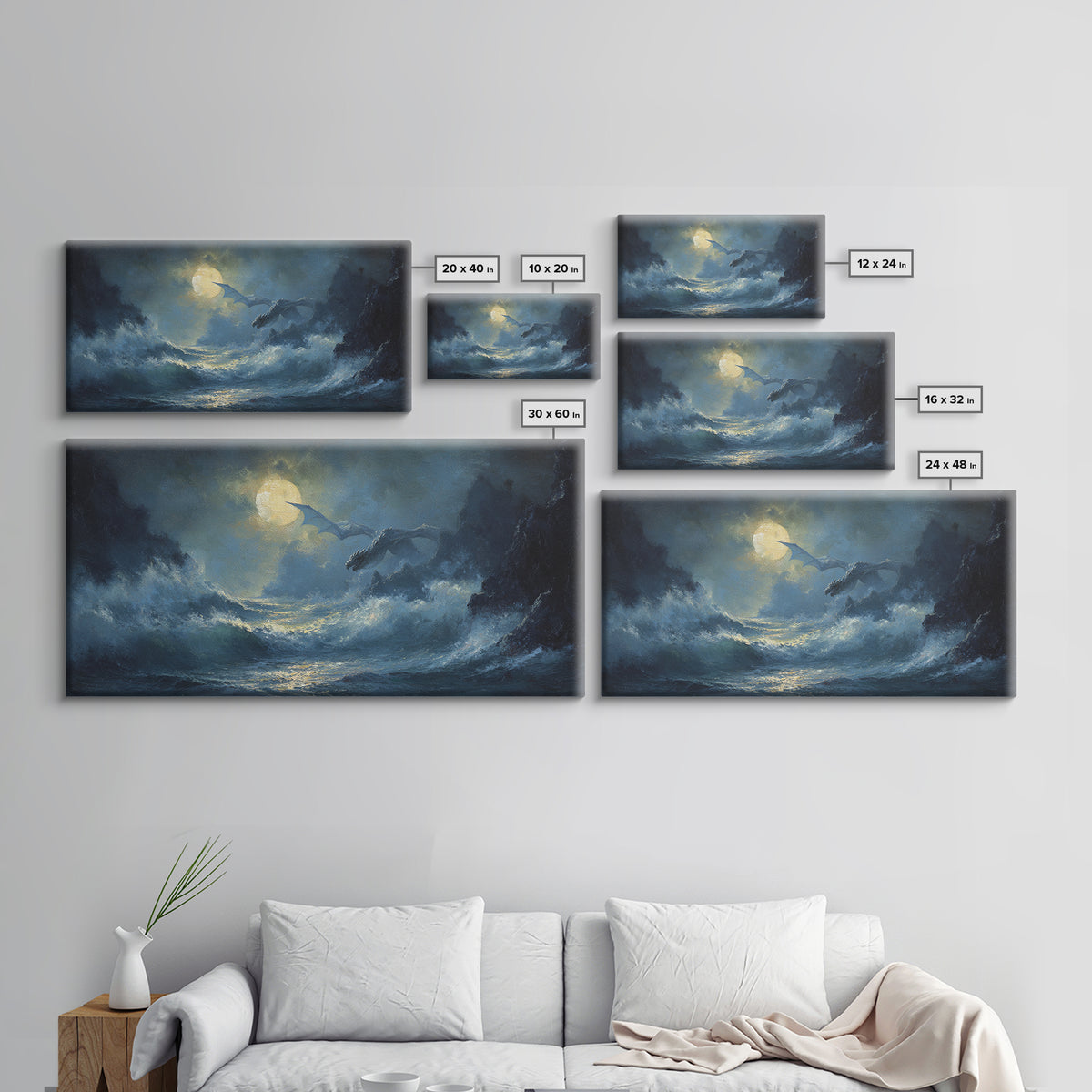 Moonlit Dragons Flying Over Stormy Ocean Waves Canvas Print, Fantasy Seascape Wall Art, Coastal Gothic Bedroom Decor Gift