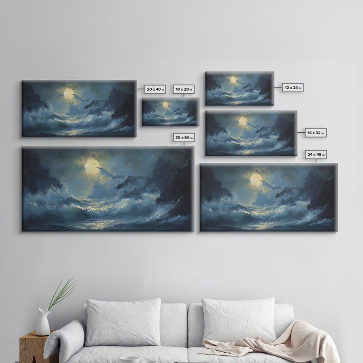 Moonlit Dragons Flying Over Stormy Ocean Waves Canvas Print, Fantasy Seascape Wall Art, Coastal Gothic Bedroom Decor Gift