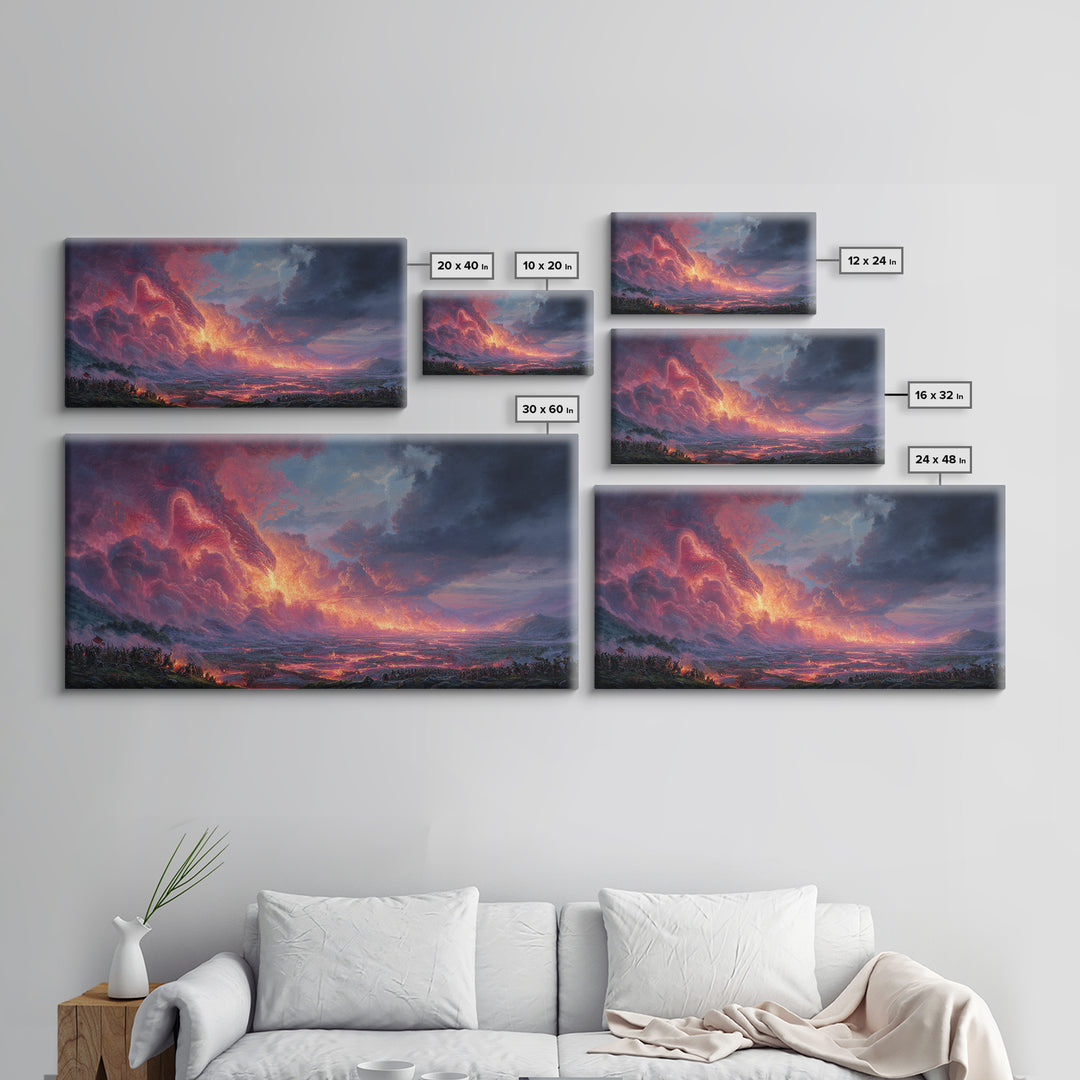 Glowing Lava Dragon Above Volcanic Valley Framed Canvas Print, Fantasy Landscape Wall Art, Dramatic Game Room Decor Gift For Him