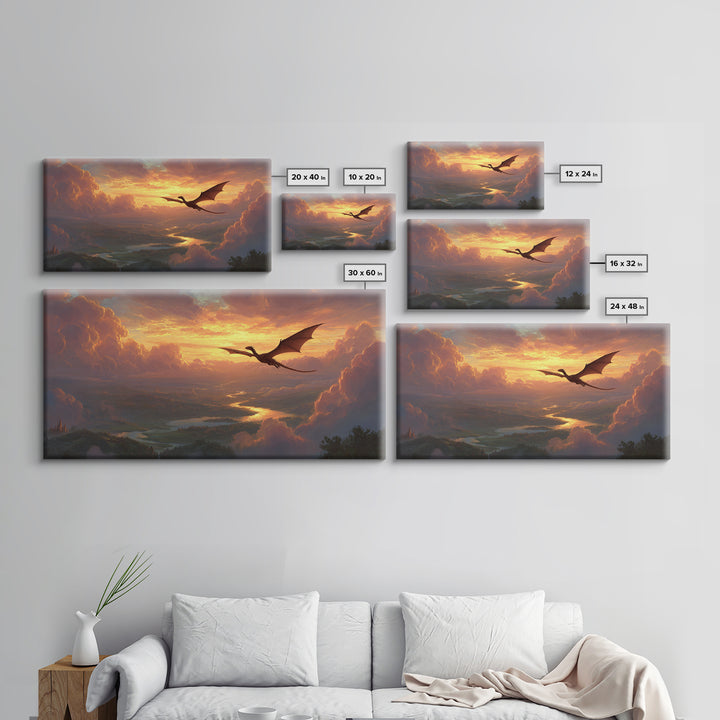 Sunset Dragon Over Golden River Valley Canvas Print, Fantasy Landscape Wall Art, Epic Castle Decor, Large Panoramic Artwork