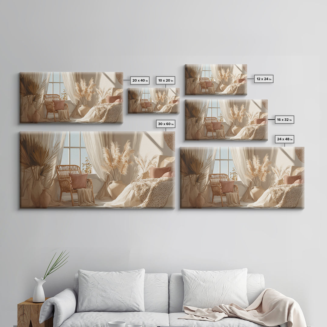 Sunlit Boho Bedroom With Pampas Grass Framed Canvas Print, Neutral Wall Art, Cozy Home Decor, Above Bed Decor Gift For Her