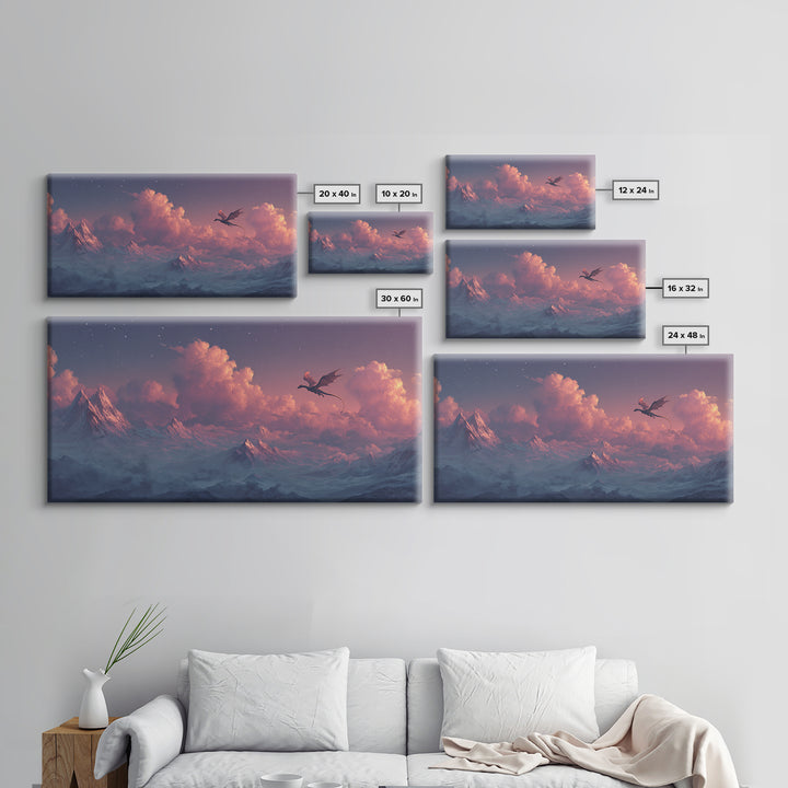 Twilight Dragon Above Snowy Mountains Framed Canvas Print, Fantasy Wall Art, Starry Sky Decor, Majestic Alpine Landscape