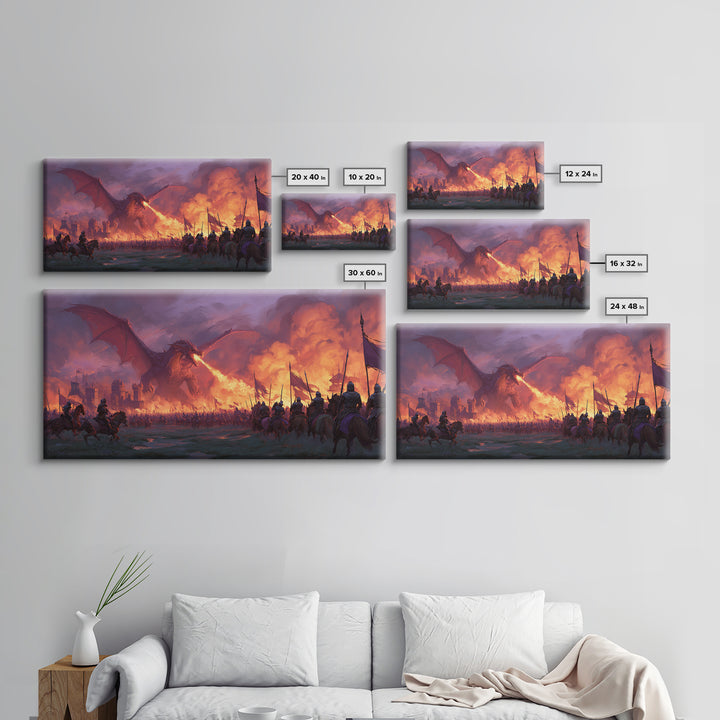 Fire Breathing Dragon Battlefield Canvas Print, Dark Fantasy Wall Art, Medieval Castle Decor, Epic Warrior Battle Scene Artwork