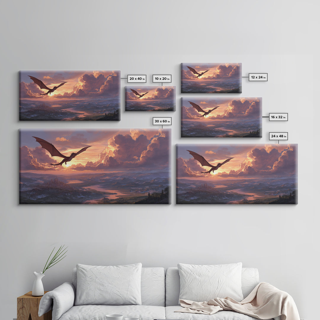 Black Dragon Gliding Above Sunset Kingdom Framed Canvas Print, Fantasy Landscape Wall Art, Castle Lake Decor, Epic Wall Decor