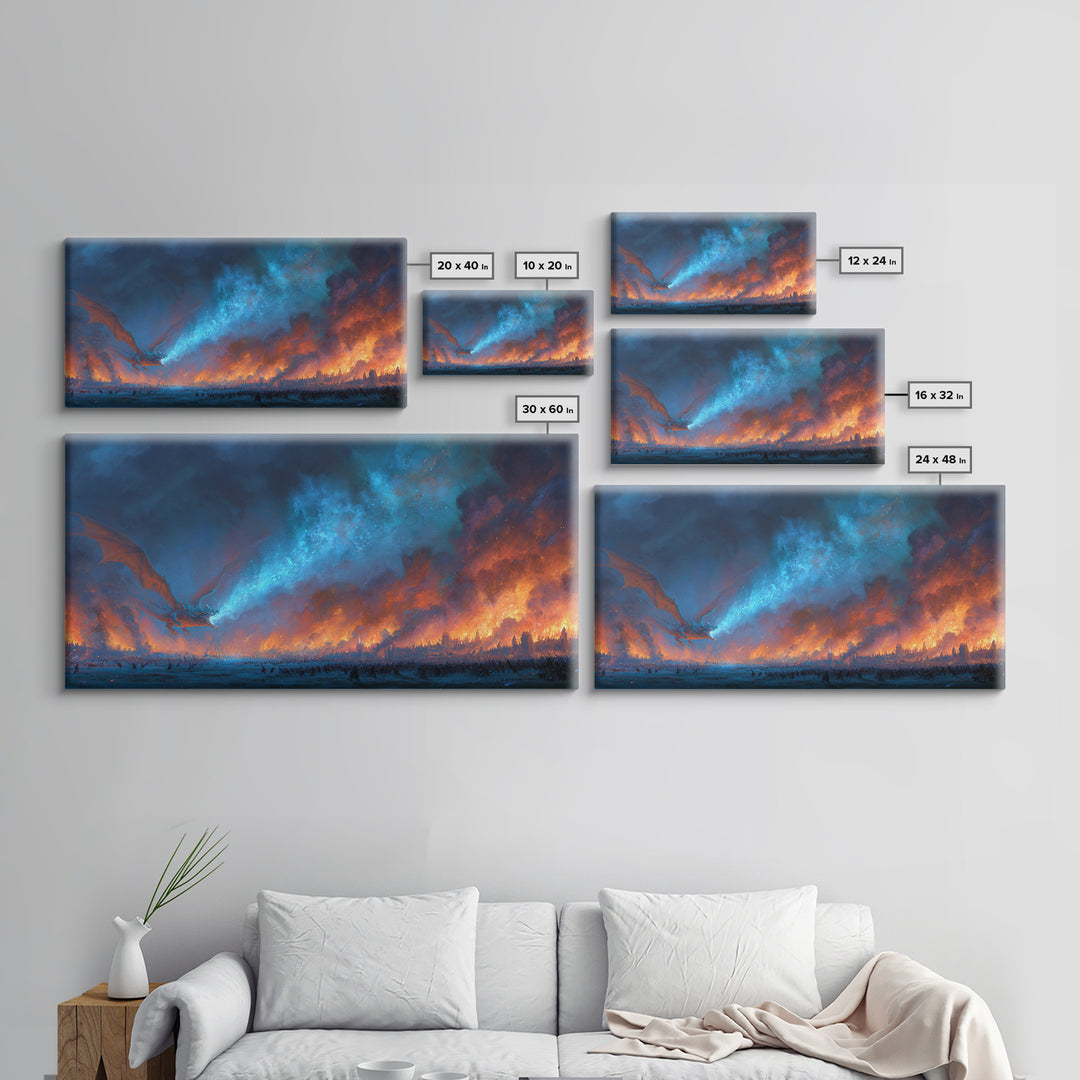 Blue Fire Dragon Over Burning Battlefield Canvas Print, Dark Fantasy Wall Art, Epic War Decor, Large Medieval Battle Artwork