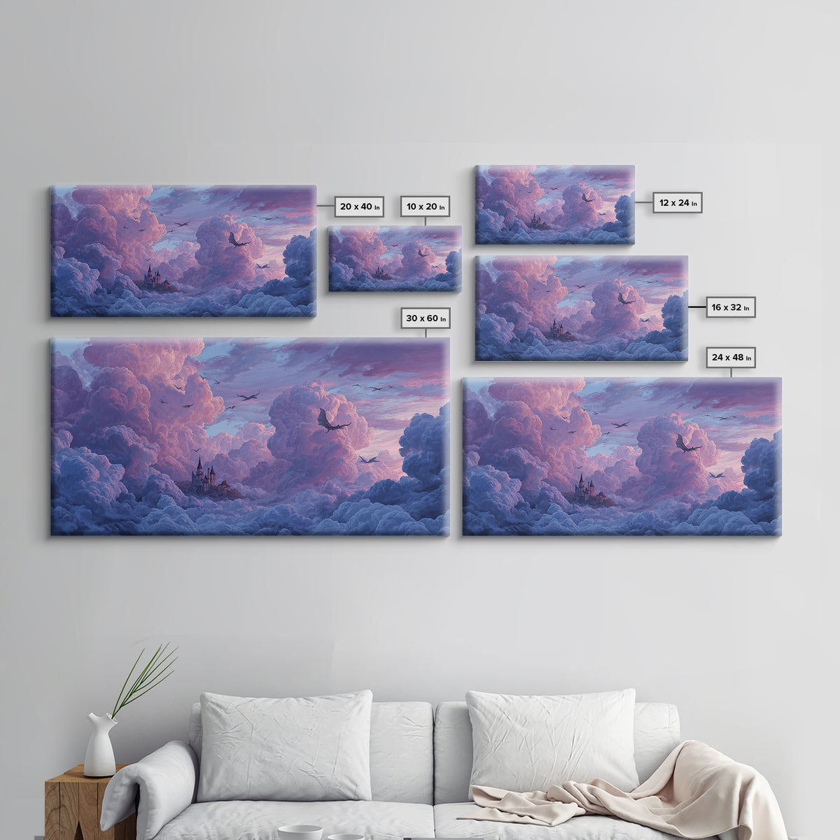 Dragons Soaring Through Lavender Clouds Canvas Print, Whimsical Fantasy Wall Art, Floating Castle Decor, Dreamy Sky Artwork