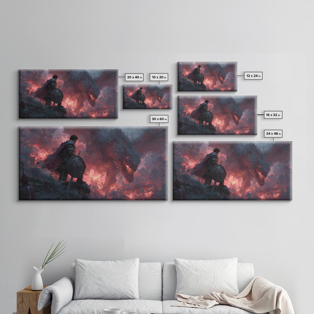 Lone Warrior Facing Shadow Dragon Framed Canvas Print, Dark Fantasy Wall Art, Gothic Battle Decor, Epic Medieval Artwork