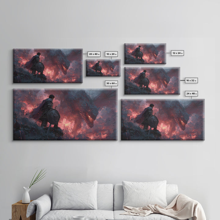 Lone Warrior Facing Shadow Dragon Framed Canvas Print, Dark Fantasy Wall Art, Gothic Battle Decor, Epic Medieval Artwork