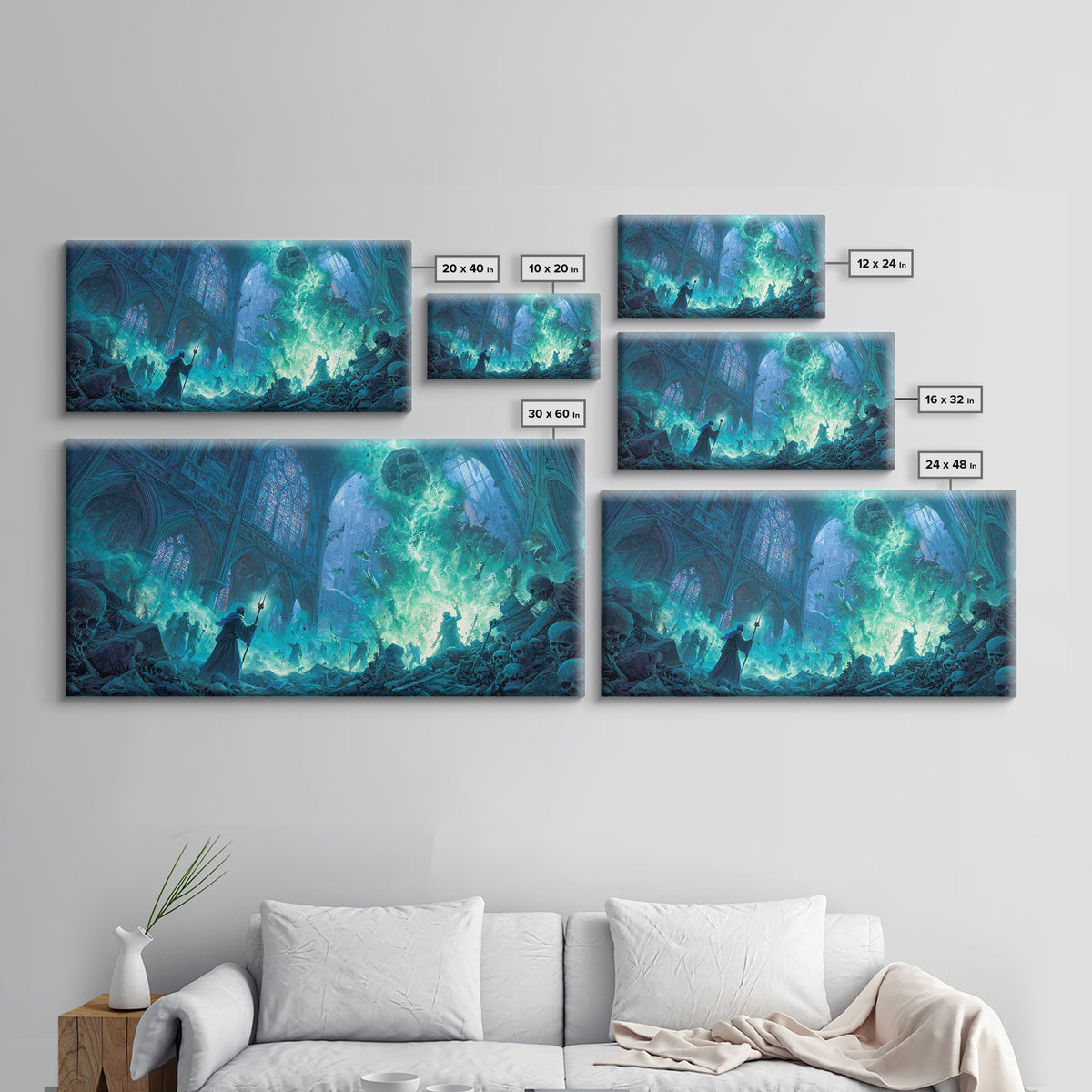 Gothic Cathedral Necromancer With Skulls Wall Art, Dark Fantasy Canvas Print, Occult Decor, Gamer Room, Spooky Gift For Halloween Decor