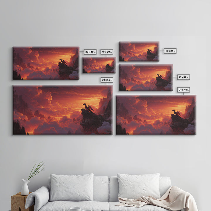 Lone Dragon On Cliff At Fiery Sunset Wall Art, Epic Fantasy Landscape, Medieval Castle Decor, Dramatic Canvas Print Gift