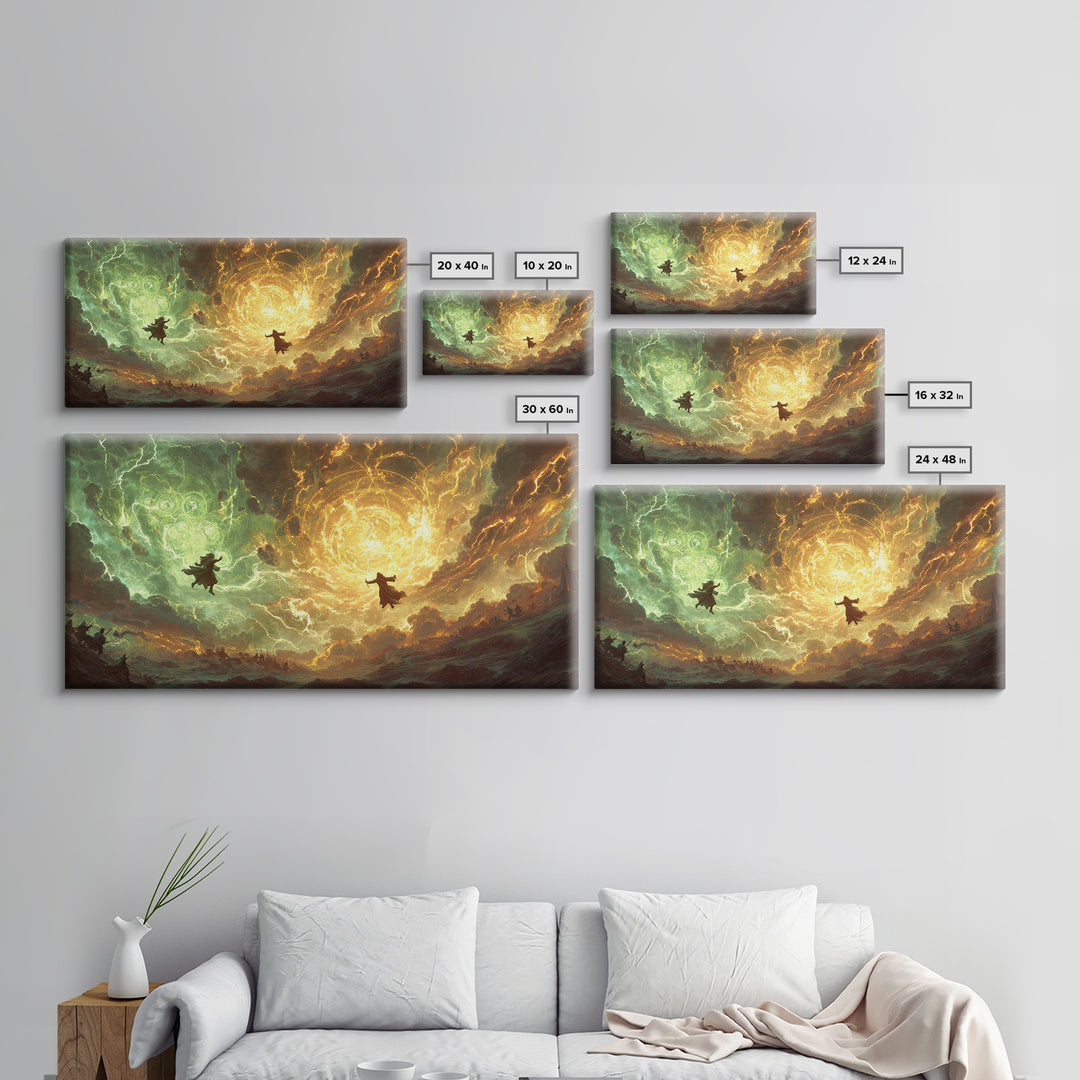 Soaring Wizards And Golden Magic Portal Wall Art, Mystical Fantasy Landscape, Spellcaster Canvas Print, Gaming Room Decor