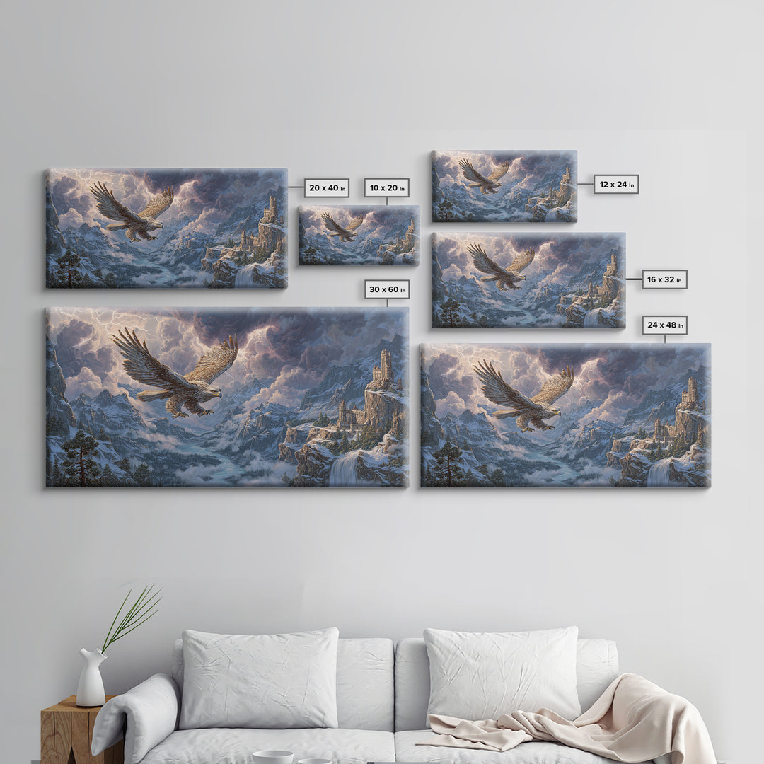 Giant Eagle Over Snowy Mountain Castle Framed Canvas Print, Epic Fantasy Landscape Wall Art, Wildlife Decor, Gift For Him