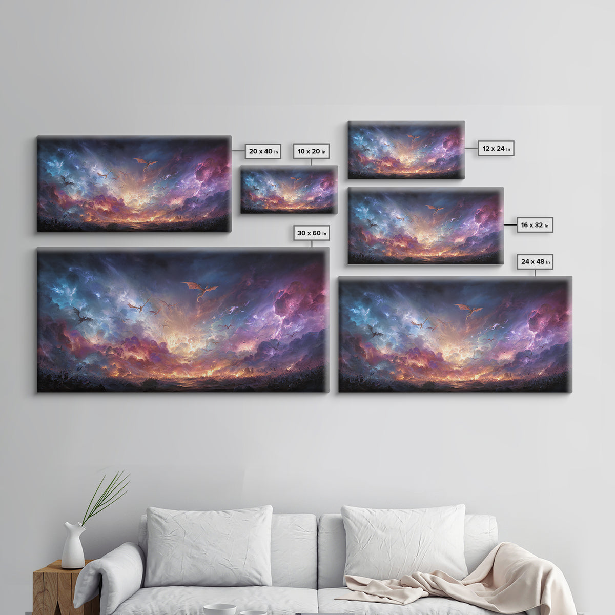 Dragons Flying Through Stormy Cosmic Sky Wall Art, Dark Fantasy Landscape Canvas Print, Surreal Decor, Gamer Room Art, Moody Wall Decor