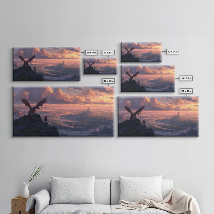 Dragon Rider Over Vast Castle City At Sunset Wall Art, Epic Fantasy Landscape Canvas Print, Medieval Decor, Gift For Gamer