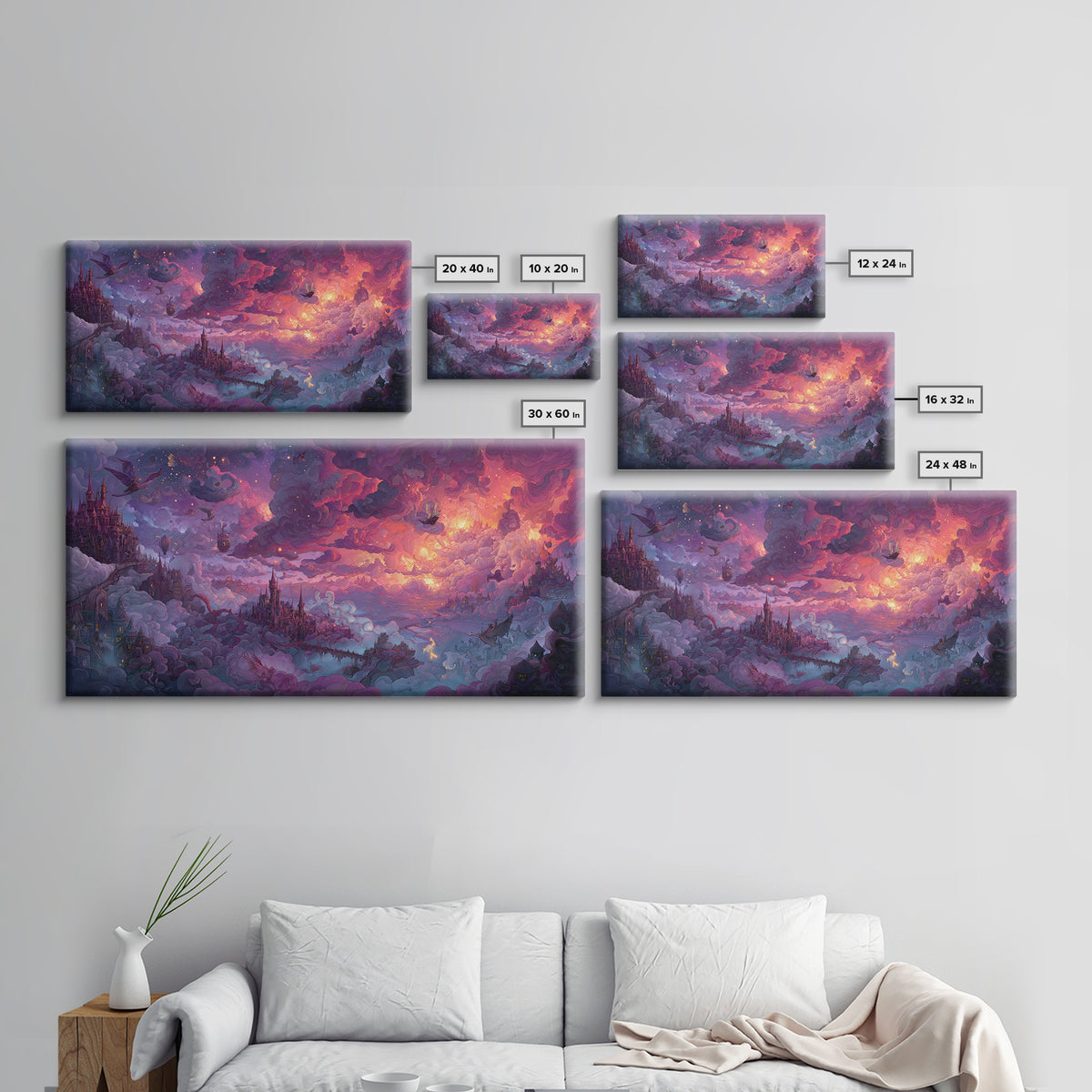 Cloud Kingdom Castles In Pink Twilight Wall Art, Whimsical Fantasy Landscape Canvas Print, Dreamy Nursery Decor, Gift For Kids Room