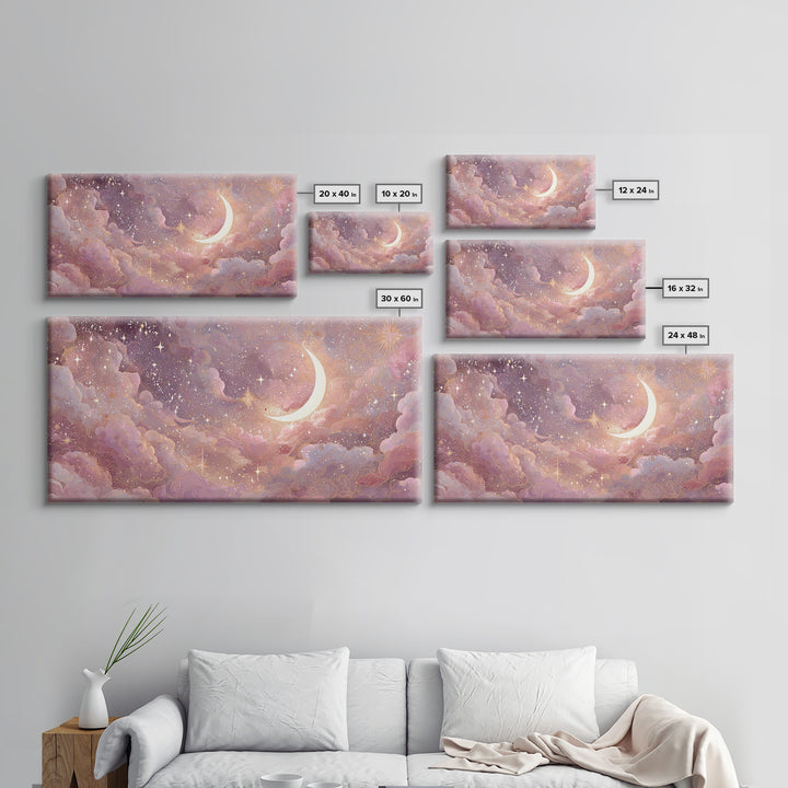 Pastel Crescent Moon And Starry Cloud Wall Art, Celestial Art Print, Whimsigoth Decor, Nursery Room Wall Decor, Gift For Her