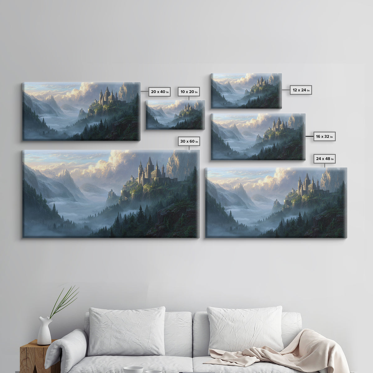 Misty Mountain Castle Above Forest Valley Framed Canvas Print, Fantasy Landscape Wall Art, Large Medieval Home Decor Housewarming Gift