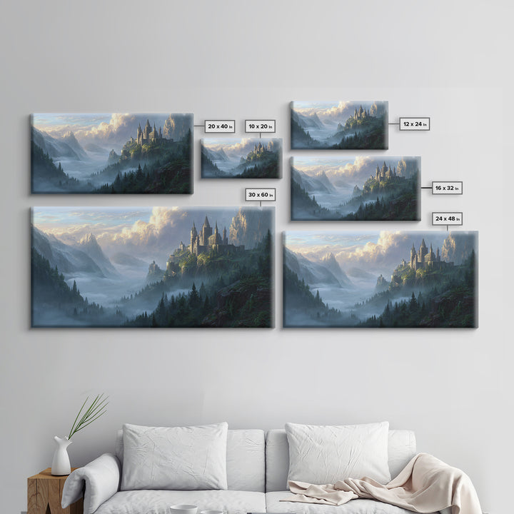 Misty Mountain Castle Above Forest Valley Framed Canvas Print, Fantasy Landscape Wall Art, Large Medieval Home Decor Housewarming Gift