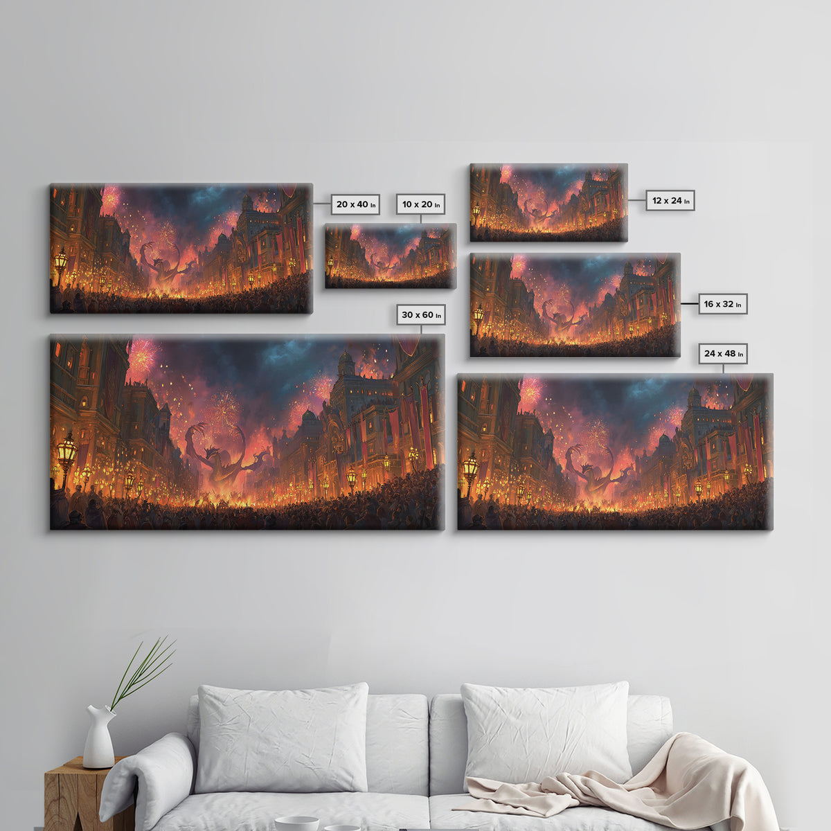 Fiery Dragon Festival In Grand City Wall Art, Dark Fantasy Canvas Print, Maximalist Decor, Gaming Room Poster Gift For Him