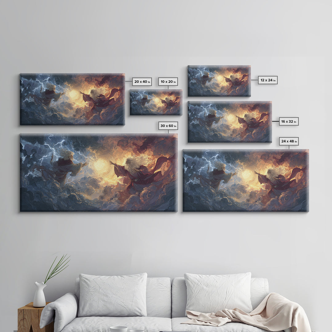 Storm Wizards Casting Light In Celestial Clouds Canvas Print, Fantasy Wall Art, Mystical Decor, Dramatic Surreal Art Gift