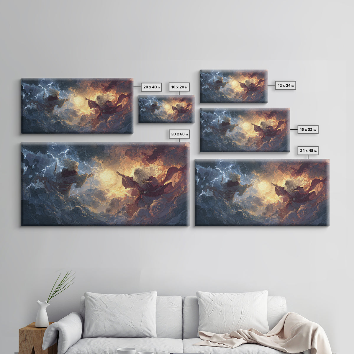 Storm Wizards Casting Light In Celestial Clouds Canvas Print, Fantasy Wall Art, Mystical Decor, Dramatic Surreal Art Gift
