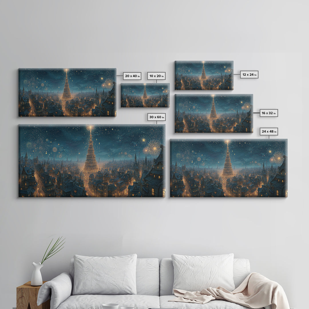 Starry Winter City With Towering Yule Tree Framed Canvas Print, Fantasy Wall Art, Holiday Decor, Magical Christmas Wall Decor Gift