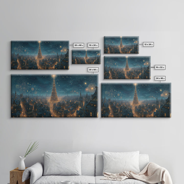 Starry Winter City With Towering Yule Tree Framed Canvas Print, Fantasy Wall Art, Holiday Decor, Magical Christmas Wall Decor Gift