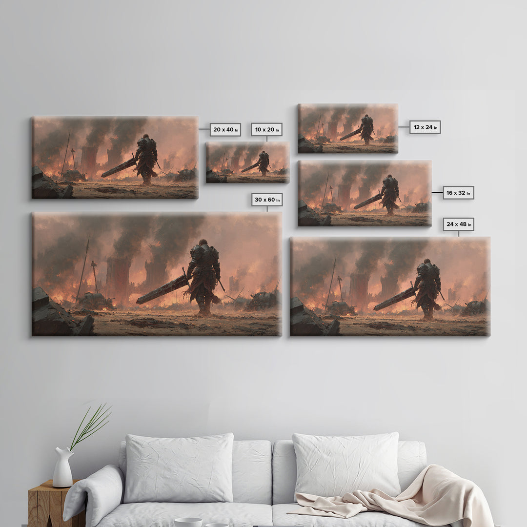 Armored Warrior With Giant Sword In Burning Ruins Canvas Print, Dark Fantasy Wall Art, Medieval Game Room Decor Gift For Him