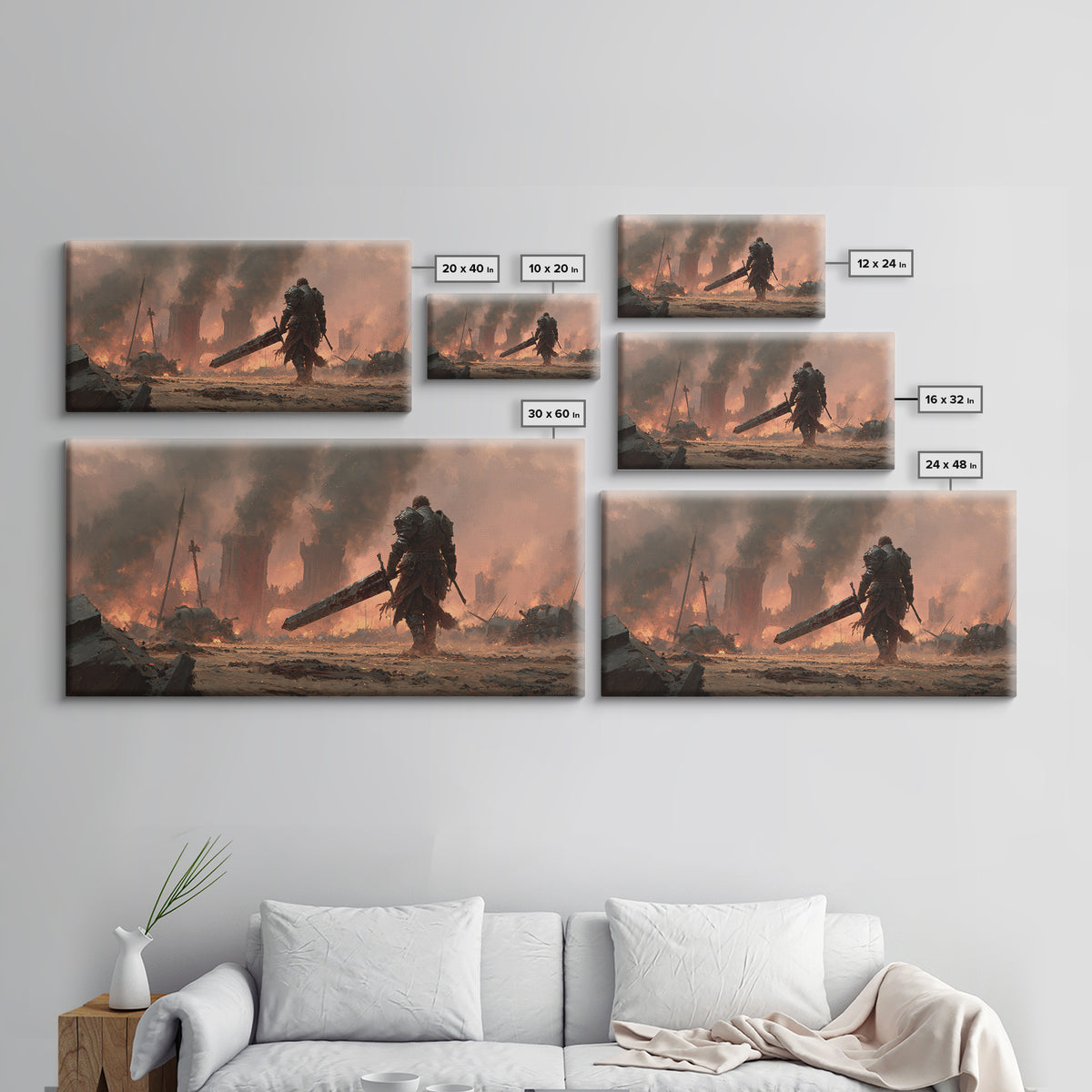 Armored Warrior With Giant Sword In Burning Ruins Canvas Print, Dark Fantasy Wall Art, Medieval Game Room Decor Gift For Him