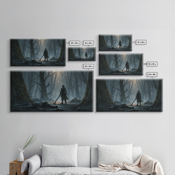 Lone Knight In Haunted Swamp Forest Wall Art, Dark Fantasy Canvas Print, Gothic Decor, Moody Medieval Home Decor Gift For Him