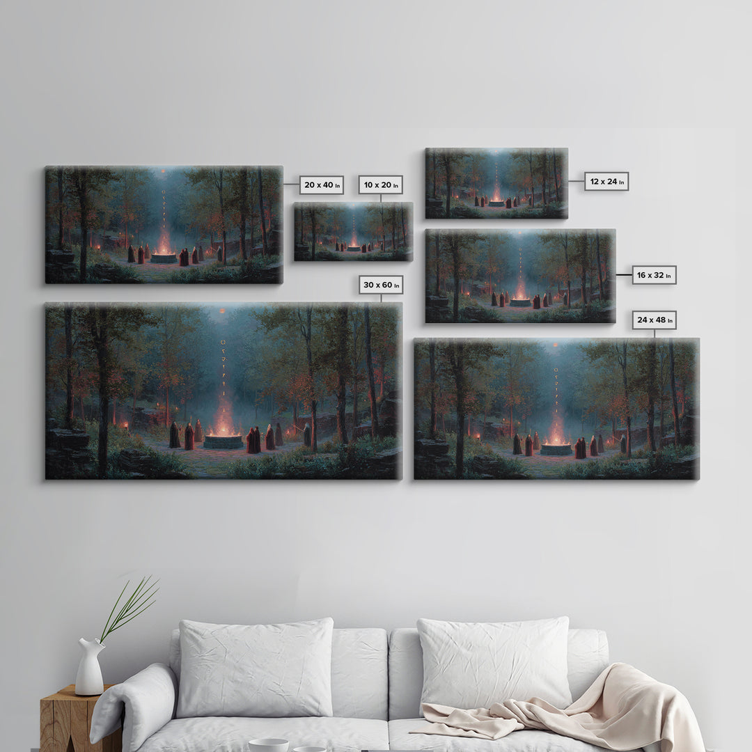 Hooded Druids Around Moonlit Forest Altar Wall Art, Dark Fantasy Canvas Print, Gothic Witchy Decor, Mystical Home Decor Gift