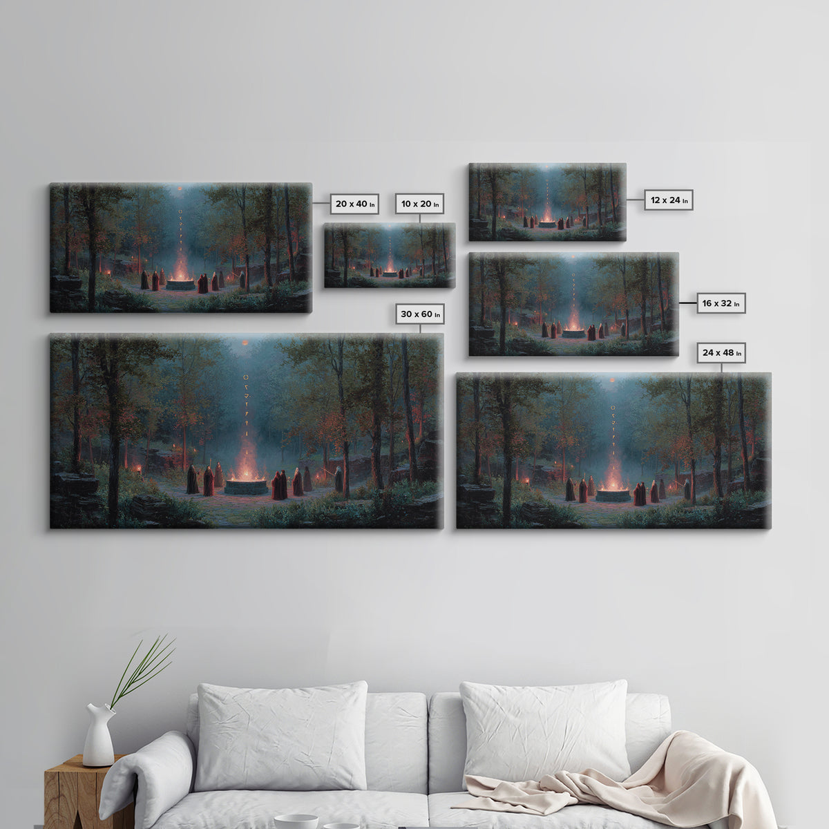 Hooded Druids Around Moonlit Forest Altar Wall Art, Dark Fantasy Canvas Print, Gothic Witchy Decor, Mystical Home Decor Gift