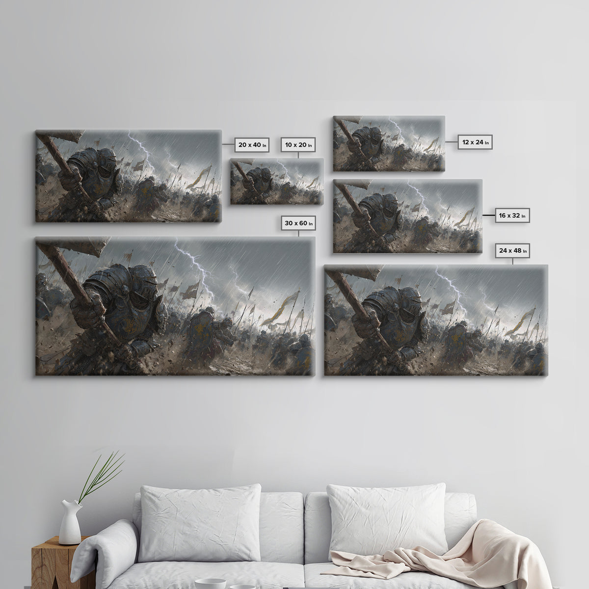 Knights In Rainy Lightning Battlefield Canvas Print, Medieval Fantasy Wall Art, Epic Dark War Decor, Game Room Gift For Him