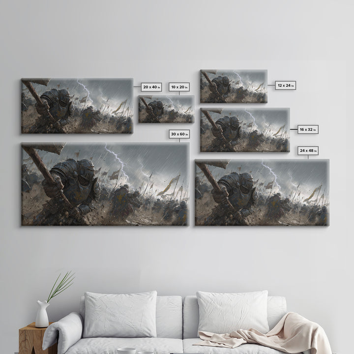 Knights In Rainy Lightning Battlefield Canvas Print, Medieval Fantasy Wall Art, Epic Dark War Decor, Game Room Gift For Him