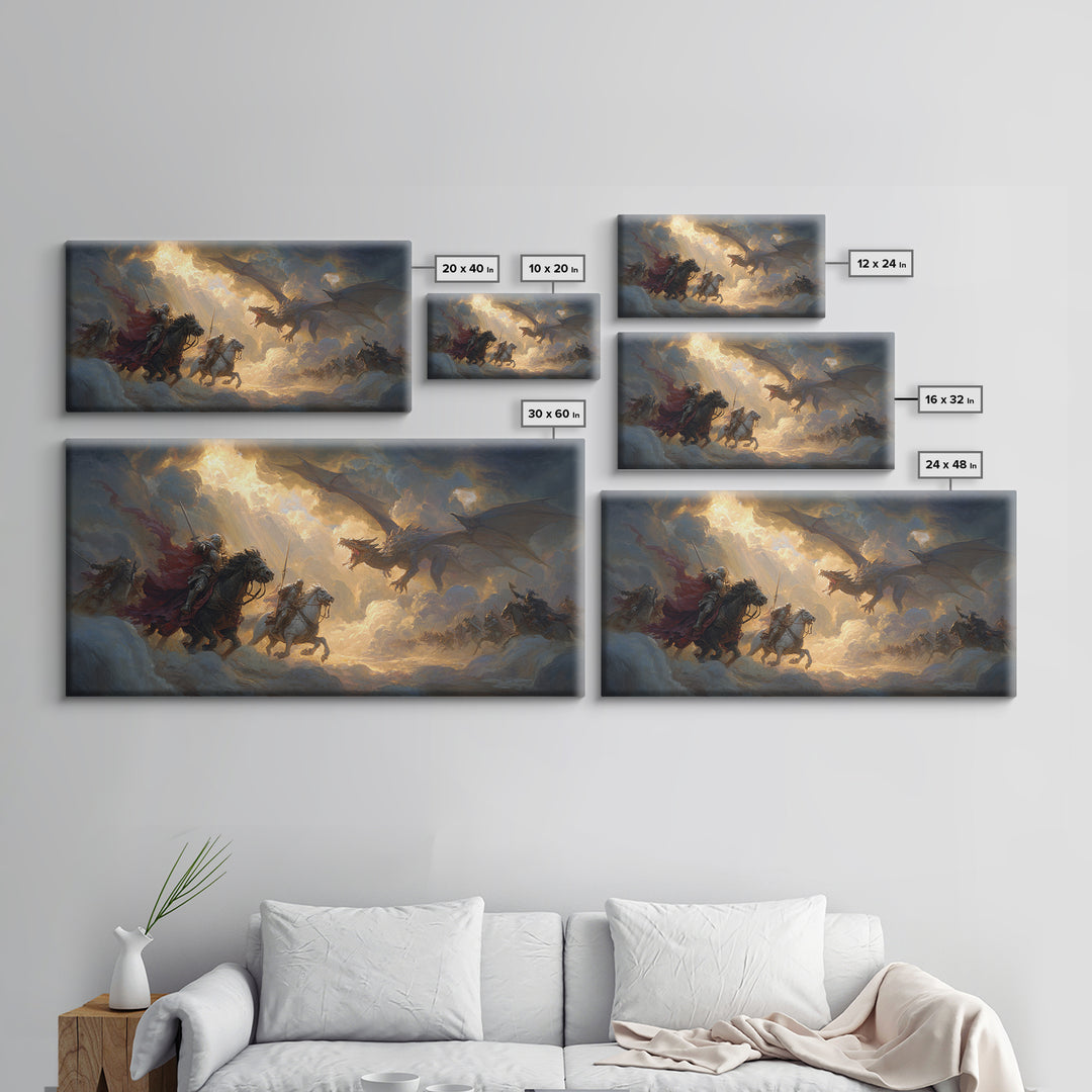 Knights Charging Toward Dragon In Stormy Sky Canvas Print, Epic Fantasy Wall Art For Gamer Room And Medieval Home Decor Gift