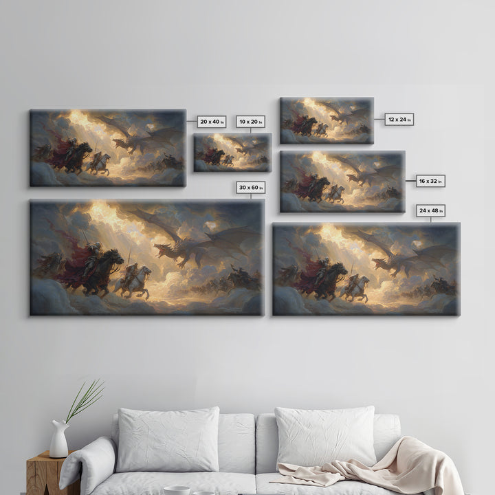 Knights Charging Toward Dragon In Stormy Sky Canvas Print, Epic Fantasy Wall Art For Gamer Room And Medieval Home Decor Gift