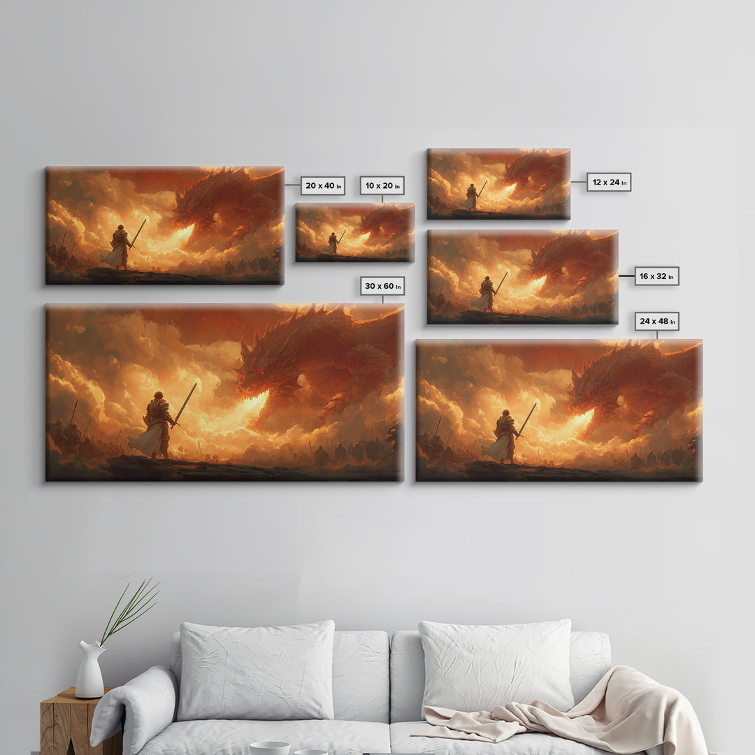 Lone Swordsman Facing Fire Dragon Wall Art, Dark Fantasy Canvas Print For Medieval Decor, Gamer Room, And Unique Gift For Him
