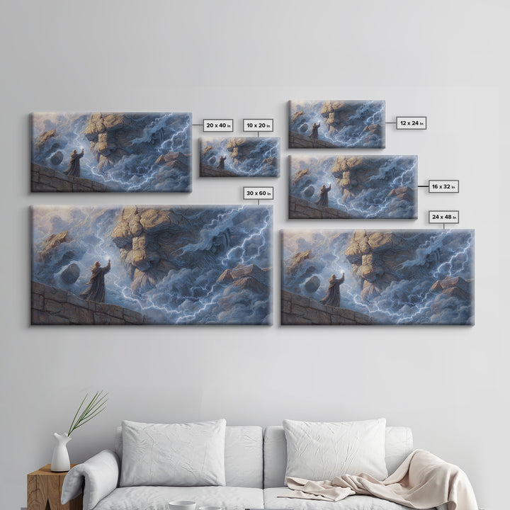 Storm Wizard Summoning Stone Giant Wall Art, Lightning Fantasy Canvas Print For Dark Academia Decor And Dnd Gamer Gift Idea