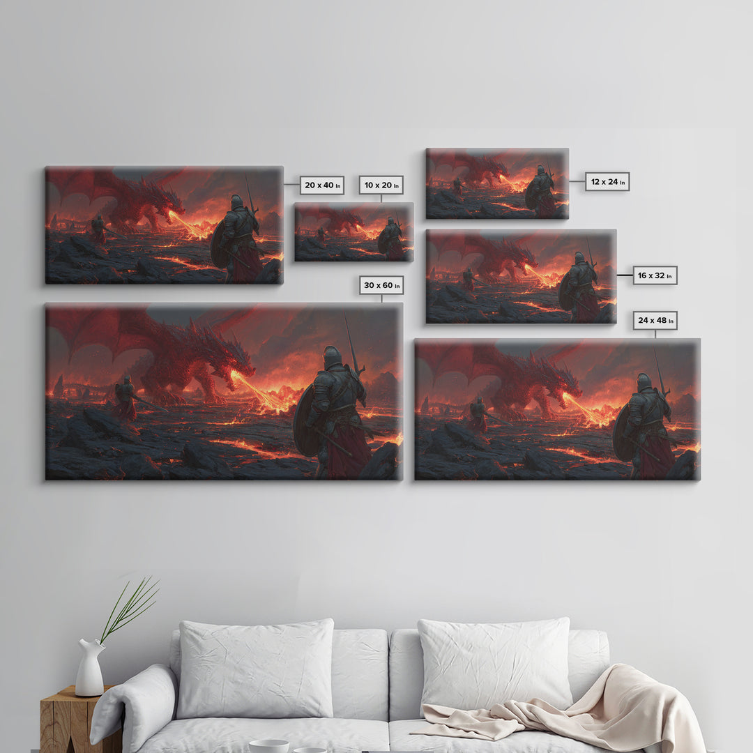 Armored Knights Facing Lava Dragon Canvas Print, Dark Fantasy Wall Art For Medieval Gaming Room And Dramatic Home Decor Gift