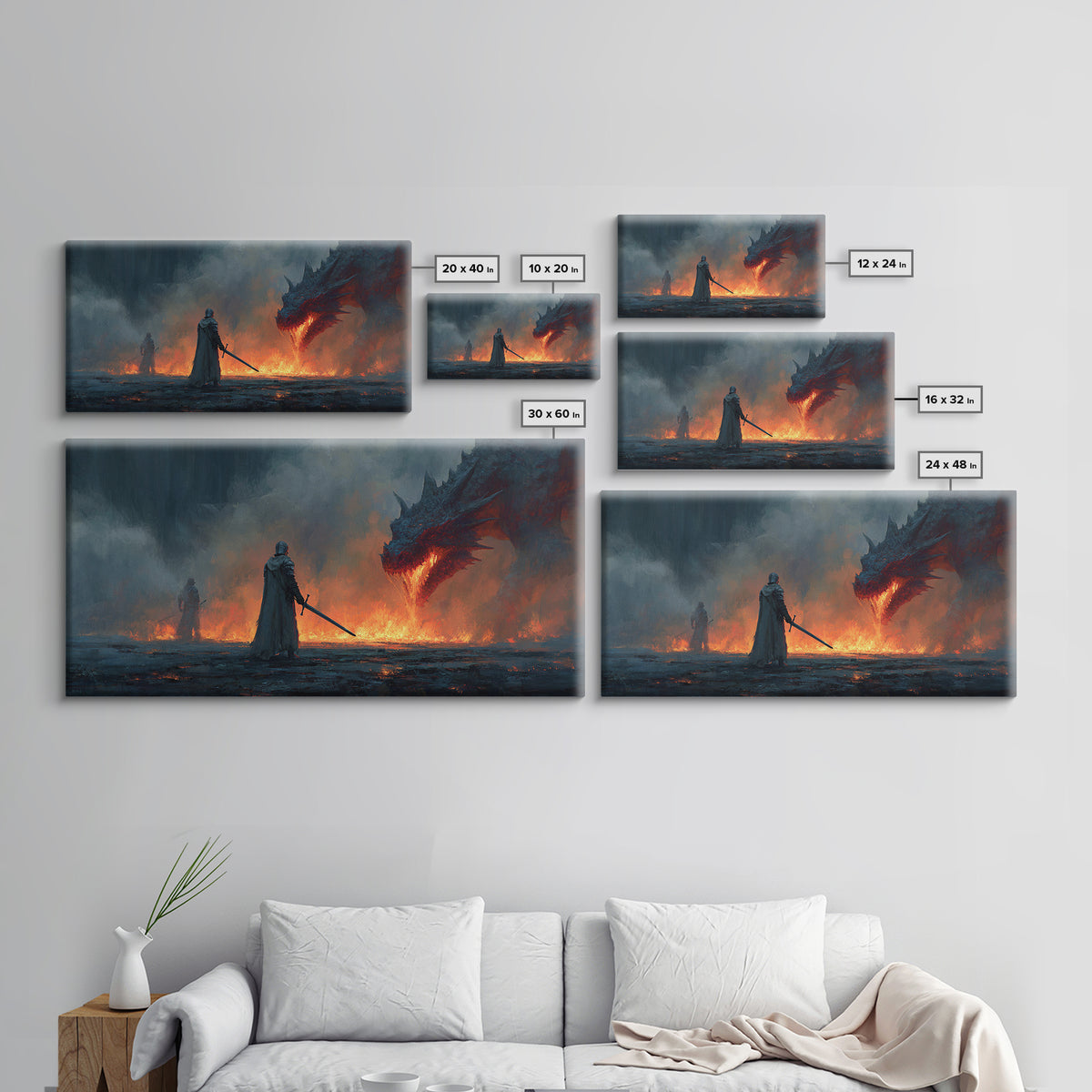 Cloaked Warrior Facing Blue Dragon Canvas Print, Moody Dark Fantasy Wall Art For Gamer Room Decor And Gothic Gift For Him