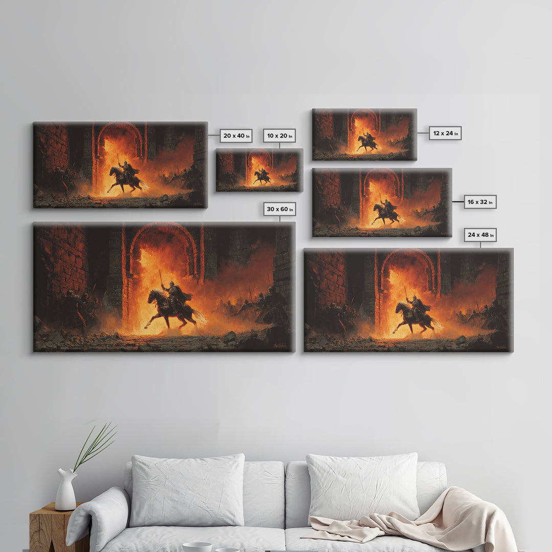 Mounted Knight Riding Through Fiery Gate Wall Art, Medieval Fantasy Canvas Print For Dark Castle Decor And Gamer Gift Idea