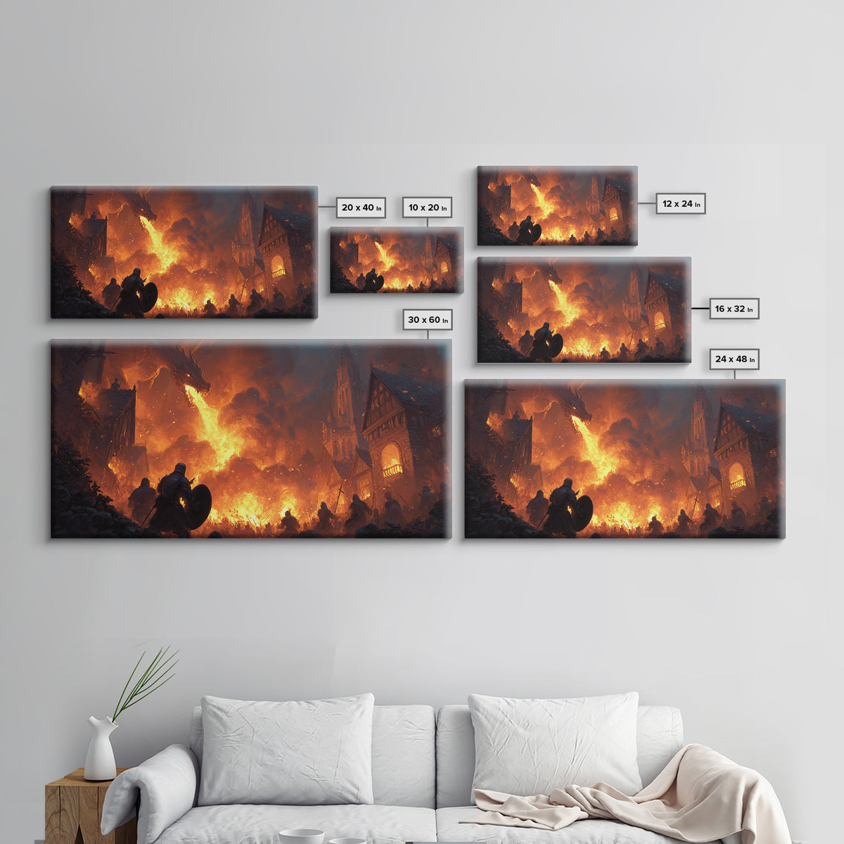 Dragon Burning Medieval Village Wall Art, Dark Fantasy Canvas Print For Gothic Castle Decor, Gamer Room, And Gift For Him