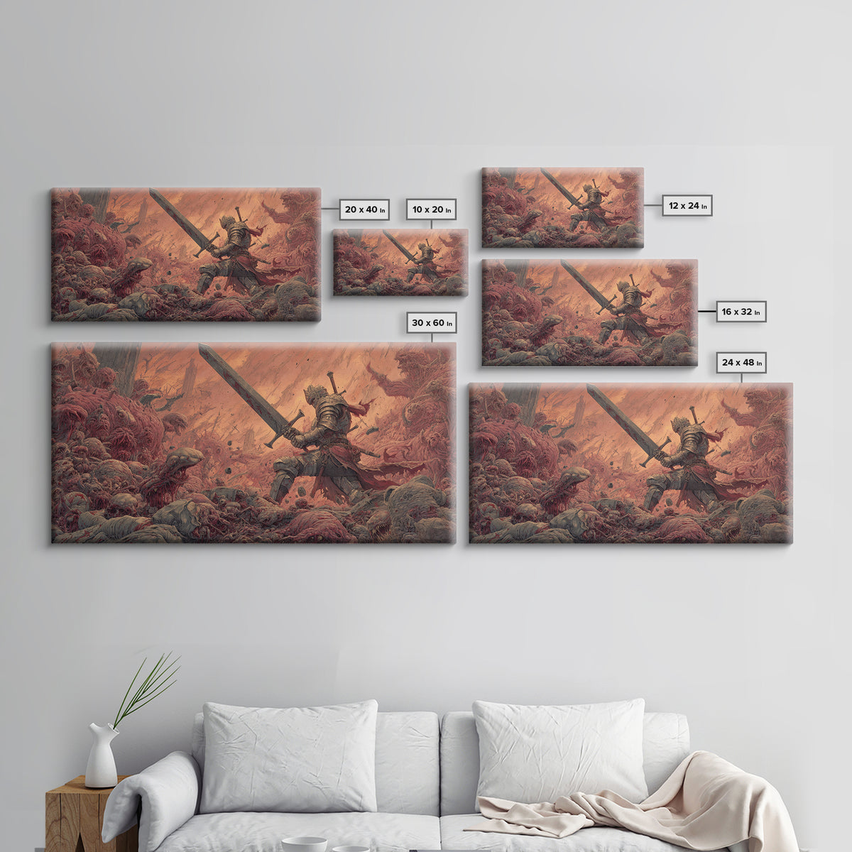 Armored Hero With Giant Sword Wall Art, Surreal Dark Fantasy Canvas Print For Monster Battle Decor And Gothic Gamer Gift