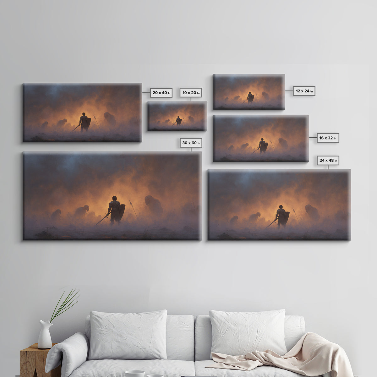 Lone Knight In Smoky Ember Battlefield Wall Art, Dark Fantasy Art, Medieval Warrior, Gothic Decor, Dramatic Canvas Print